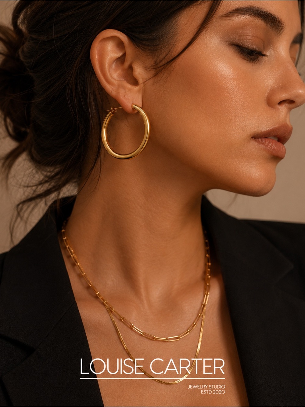 Louise Carter Waterproof Classic Gold Thick Hoop Earrings - Women's Jewelry 1.5" - Picture 2 of 2